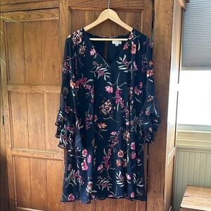 Calvin Klein Navy Floral Ruffle-Sleeve Dress
